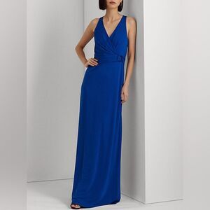 Lauren Ralph Lauren Blue Stretch Jersey Surplice Gown Sleeveless Formal Dress 14